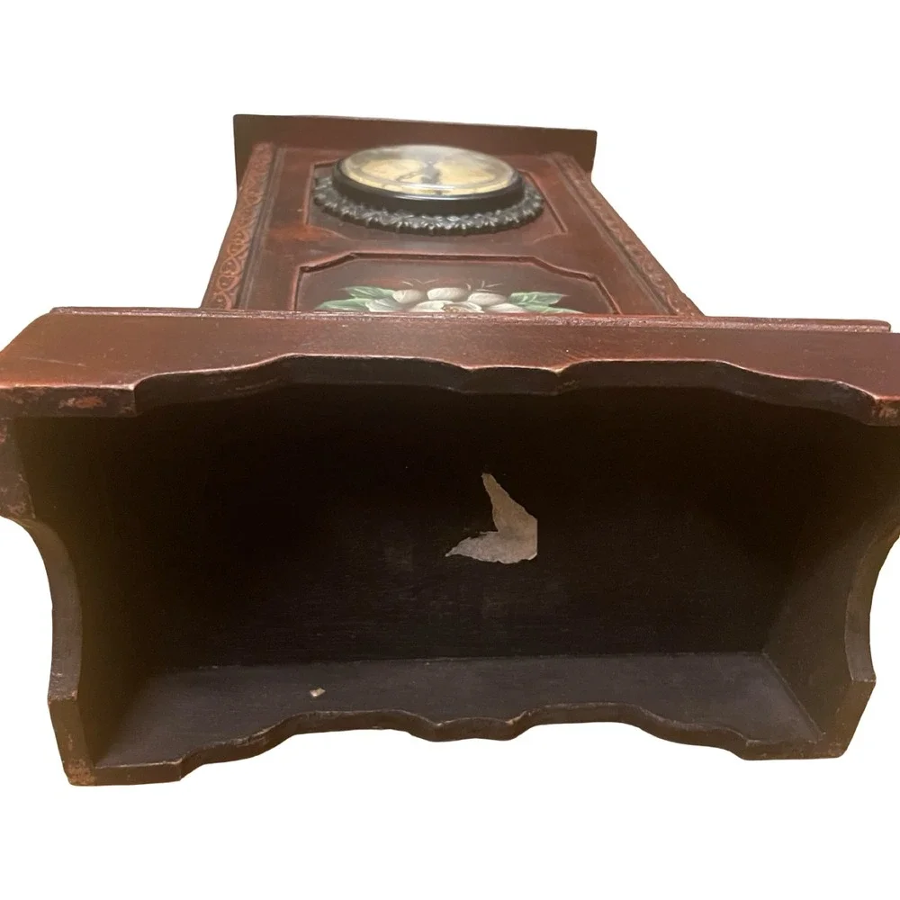 Vintage Wooden Mantel Clock Hand Painted Floral Roman Numerals Brown Table Decor